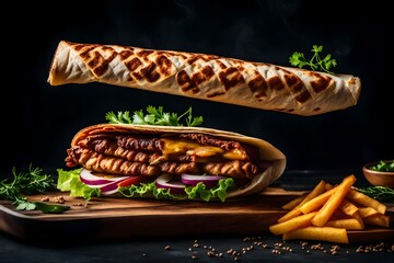 burger and fries, Delicious shawerma on cutting noard on dark background