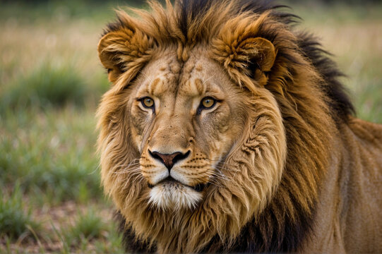 León macho majestuoso con mirada intensa y cicatrices de batalla, simboliza autoridad y sabiduría.
