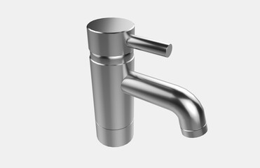 Faucet model isolated on light background, single faucet, stainless steel texture, home industry accessories, 3d rendering.