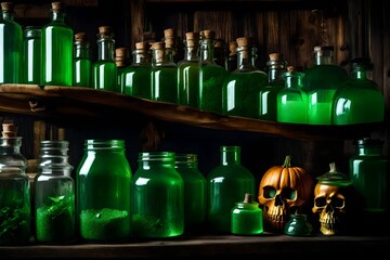 bottles of wine, Shelves of green Halloween potions, witch apothecary jars, glass, skulls, spooky