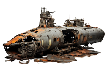 Destroyed Submarine, transparent background, isolated image, generative AI
