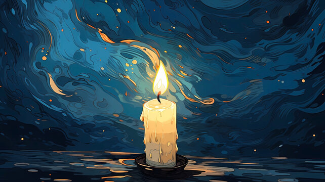 Hand drawn cartoon beautiful candle illustration in the night
