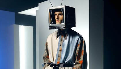A high-fashion male model with a television for a head, Tv head