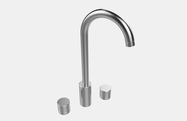 Faucet model isolated on light background, single faucet, stainless steel texture, home industry accessories, 3d rendering.