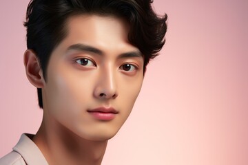 Naklejka premium Portrait of a beautiful young asian man on pink background.asian beauty