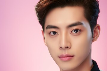 Naklejka premium Portrait of a beautiful young asian man on pink background.asian beauty