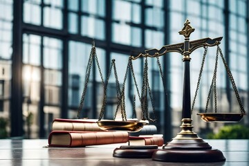 Fairness scales of justice against court house building background banner, concept of business financial protection by law