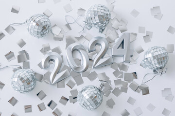 Happy new year 2024 . New year holidays card with confetti and garland lights on white background