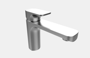 Faucet model isolated on light background, single faucet, stainless steel texture, home industry accessories, 3d rendering.