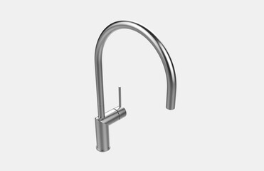 Faucet model isolated on light background, single faucet, stainless steel texture, home industry accessories, 3d rendering.