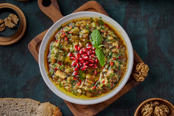 Baba ghanoush appetizer plate with walnuts
