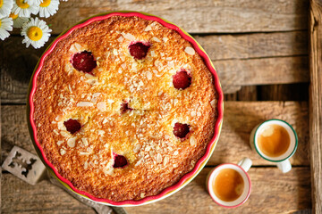 pie with strawberries.Top view, wooden background.