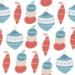 Cute winter Christmas New Year seamless pattern. Funny hand drawn doodle repeatable pattern with fur tree toys, garlands. Winter season, Noel, polar, arctic theme background