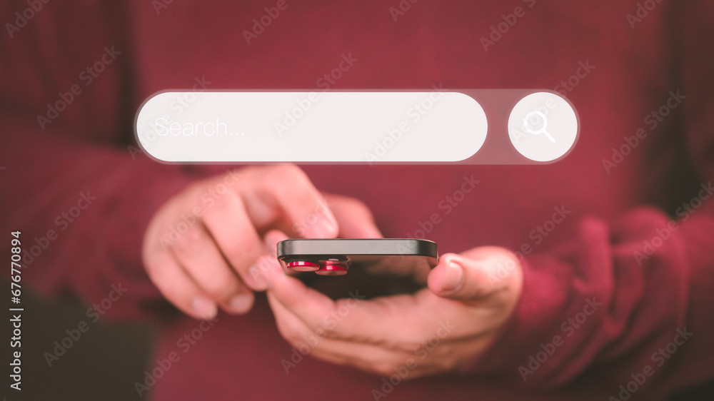 Poster User using a mobile phone clicking internet search bar. SEO technology networking engine optimization internet with search bar. Searching browsing internet data information concept.