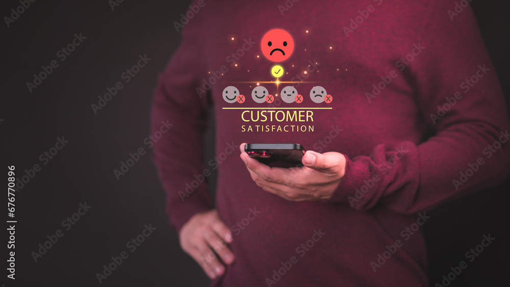 Poster customer use a phone give angry emotion face on virtual screen for feedback review satisfaction serv