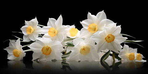 beauty of flowers, a bunch of white color daffodils  flowers with yellow centers reflected on  black surface on black background, a beautiful picture generative AI
 