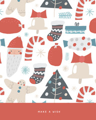 Cute winter Christmas New Year postcard with cute hand drawn doodle santa, bag, candy stick, ginger bread man, gift box, present sock, sweet. Cold winter season cover, template, banner, poster, print.
