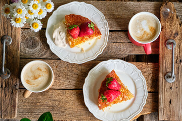 pie with strawberries.Top view, wooden background.