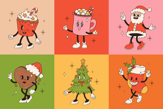 Christmas retro collection 30s cartoon mascot characters. Santa, Christmas tree, sock, cup. 50s, 60s old animation style. Vintage comic merry Christmas vector. Cheerful, happy emotions