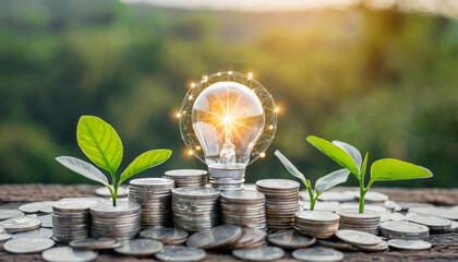 sprouts and light bulbs on heap of silver coins green business concept finance and investment for sustainability and carbon credit - obrazy, fototapety, plakaty