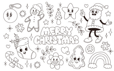 Groovy hippie Christmas stickers. Santa claus, sock, peace, holly jolly vibes, flower, winter, hot cocoa, present in trendy retro cartoon style. Character groovy for coloring book 50s, 60s, 70s