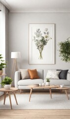 Interior design photo frame mock-up living room minimalist cozy Scandinavian style. sofa, tropical plant, pillows, blanket and lamp