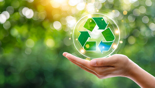 hand holding reduce reuse recycle symbol on green bokeh background ecological and save the earth concept an ecological metaphor for ecological waste management and a sustainable