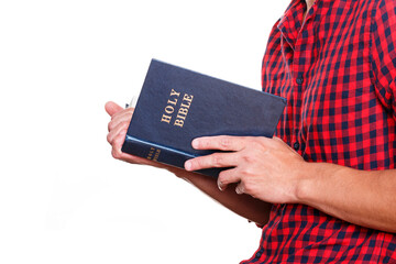 Men holding the holy bible book isolated on white background