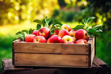 Red apples in wooden crate in orchard. harvest concept