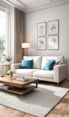 Obraz na płótnie Canvas Interior design photo frame mock-up living room minimalist cozy Scandinavian style. sofa, tropical plant, pillows, blanket and lamp