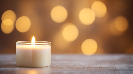 Close up of festive christmas candle with smooth bokeh background  - obrazy, fototapety, plakaty