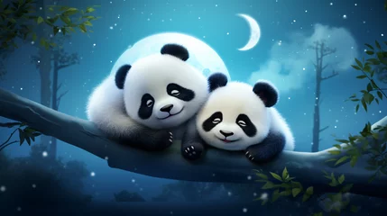 Möbelaufkleber In this magical scene an adorable baby cartoon two panda © Prince