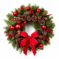 Close up of Christmas wreath with red bow isolated on white background.