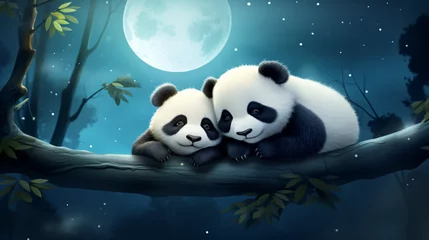 Muurstickers In this magical scene an adorable baby cartoon two panda © Prince