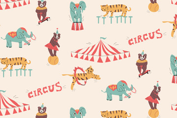 seamless pattern with circus animals and tent