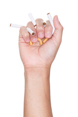 Male hand crushing cigarette isolated on white background. STOP Smoking. World no tobacco day concept.