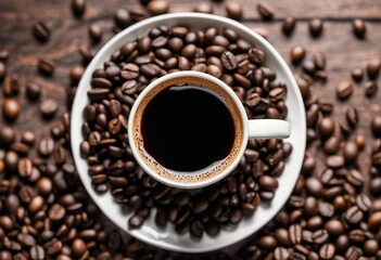 Fototapeta premium AI illustration of a cup of coffee with steam rising off the top, placed on a bed of coffee beans