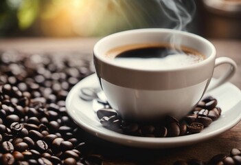 AI illustration of a cup of coffee with steam rising off the top, placed on a bed of coffee beans