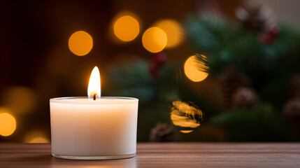 Fototapeta na wymiar Close up of festive christmas candle with smooth bokeh background 