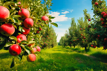 Apple trees in an orchard, with fruits ready for harvest.morning panorama shot - obrazy, fototapety, plakaty