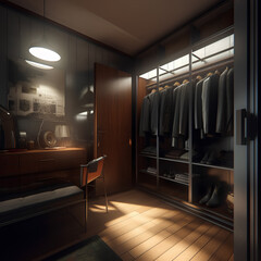 Bauhaus style interior of man's wardrobe in modern house.