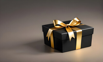 Black gift box with gold ribbon on the black background. Background for Black Friday