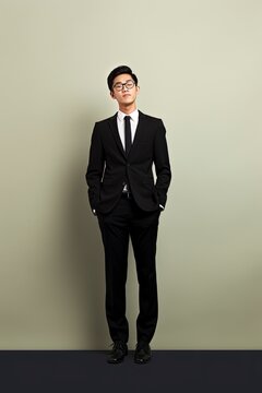 full length image of young asian businessman, single color background, generative ai