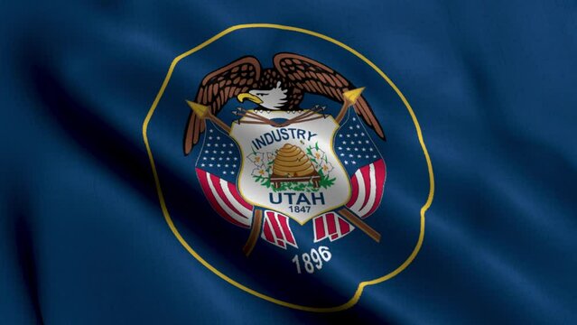 Utah State Flag. Waving Fabric Satin Texture National Flag of Utah 3D Illustration. Real Texture Flag of the State of Utah in the United States of America. USA. High Detailed Flag Animation