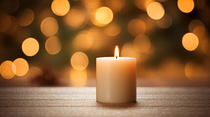 Obraz na płótnie Canvas Close up of festive christmas candle with smooth bokeh background 