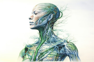 Illustration of the human lymphatic system within the context of a friendly and clean visual, incorporating it seamlessly into the contours of a human posture. 