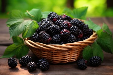 Freshly picked blackberries and blackberry leaves in a basket