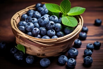 Freshly picked blueberries and blueberry leaves in a basket