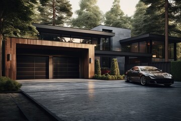 Driveway and garage at a modern house - Powered by Adobe
