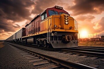Fototapeta premium Cargo train at sunset. International train transport